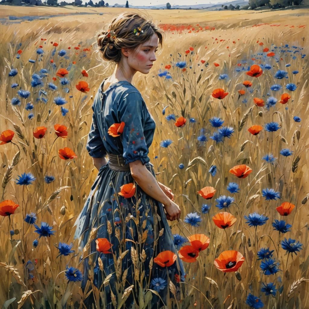 Watercolor Wheat Field with Poppies and Cornflowers
