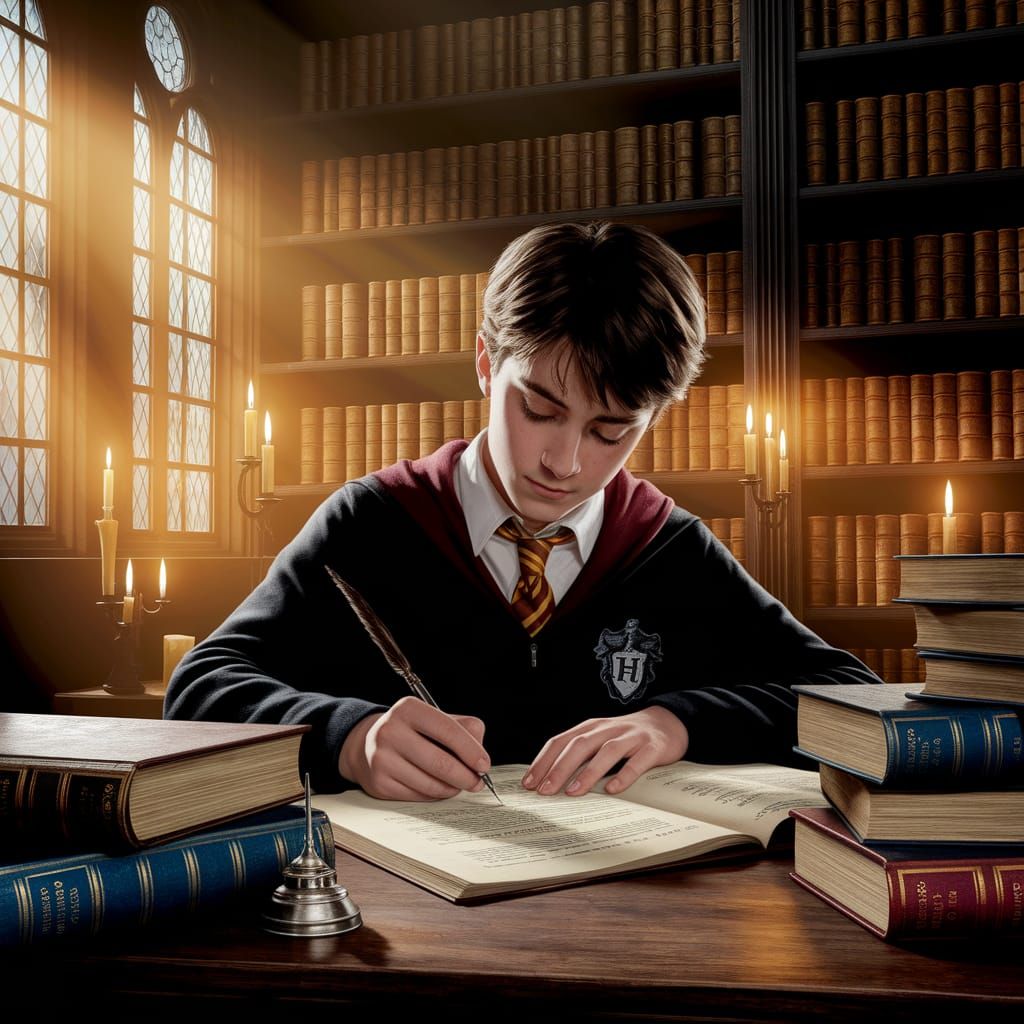 Ravenclaw Student Enthralled in Hogwarts Library Study