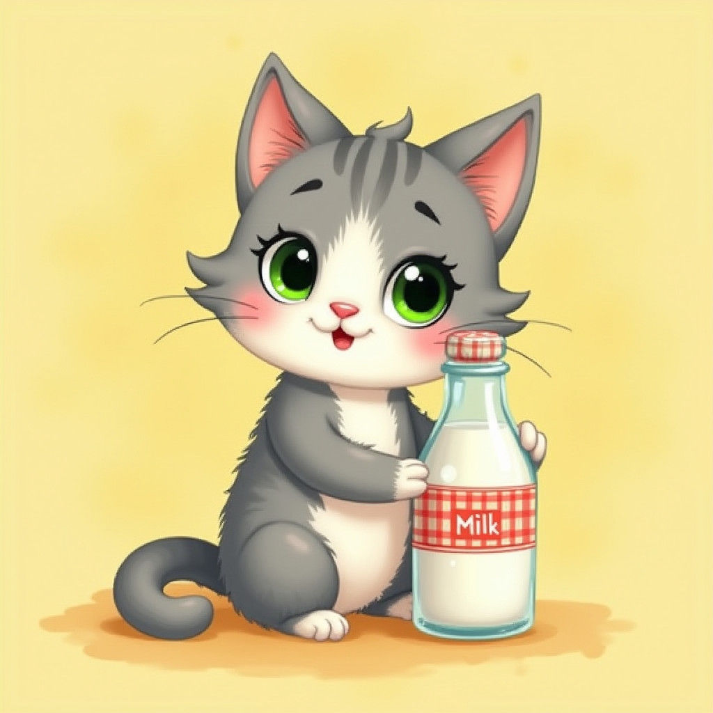 Cartoon Cat with Milk Bottle in Animation Style