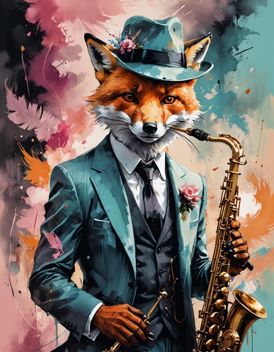 Fox in Fedora Plays Saxophone, Surreal Illustration