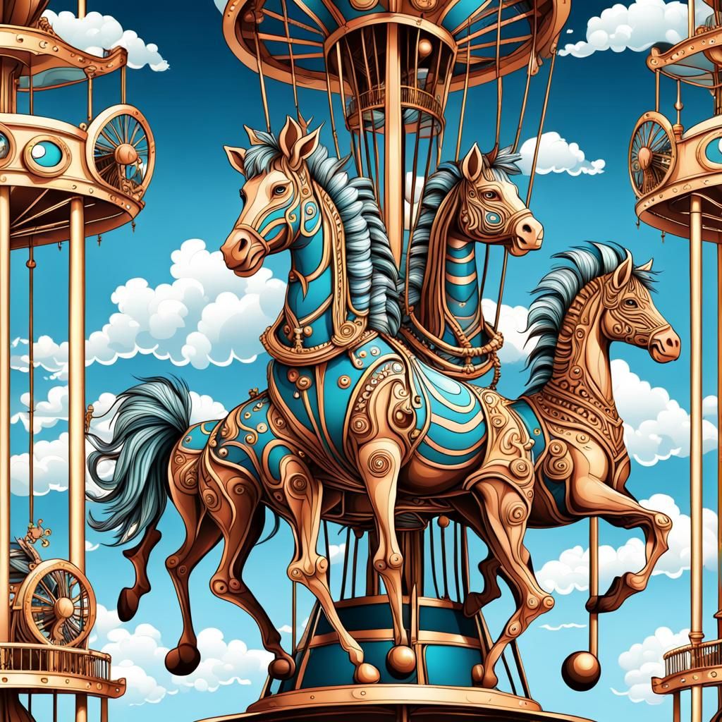 Steampunk Carousel with Animals Against Blue Sky