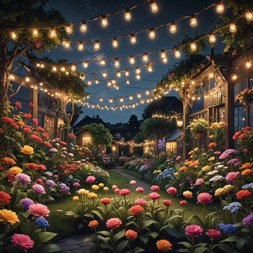 Flower Garden at Night with String Lights