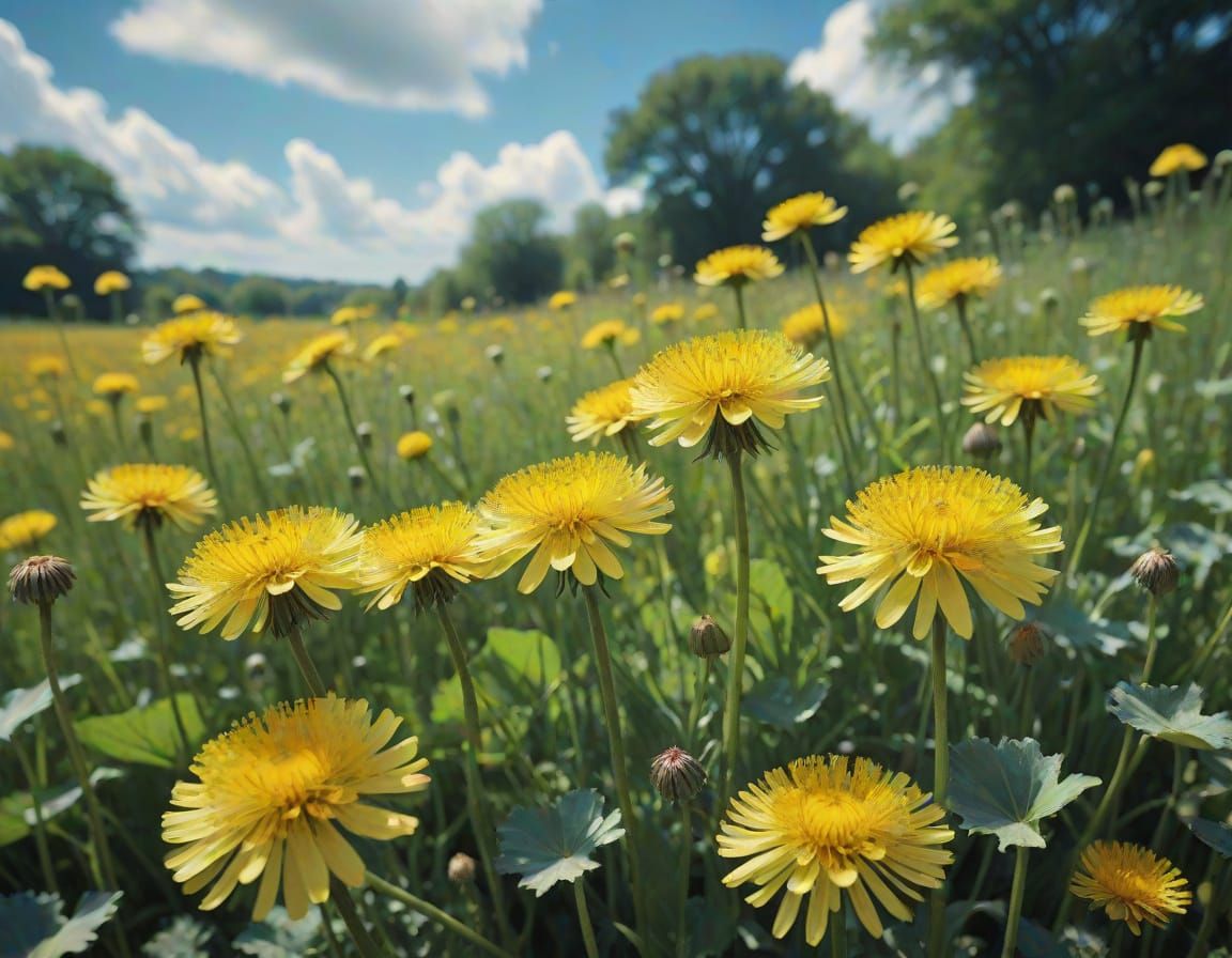 Vibrant Yellow Dandelions in a Dreamy Landscape
