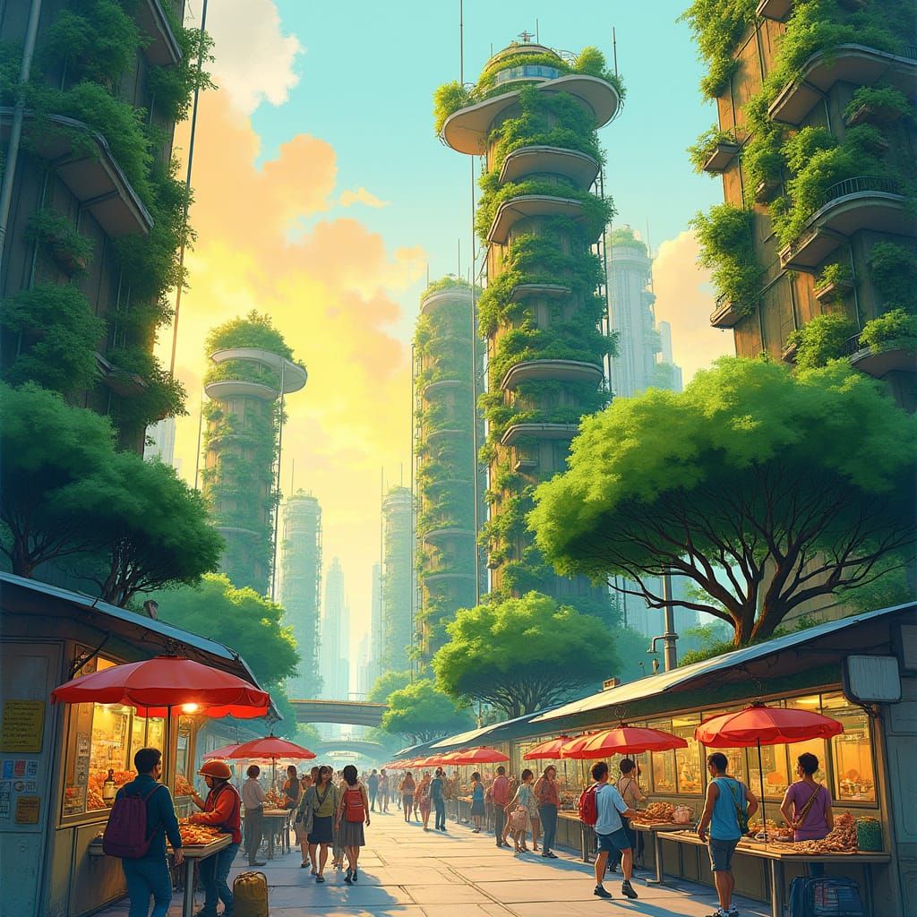 Solarpunk Cityscape at Dawn in Watercolor Style