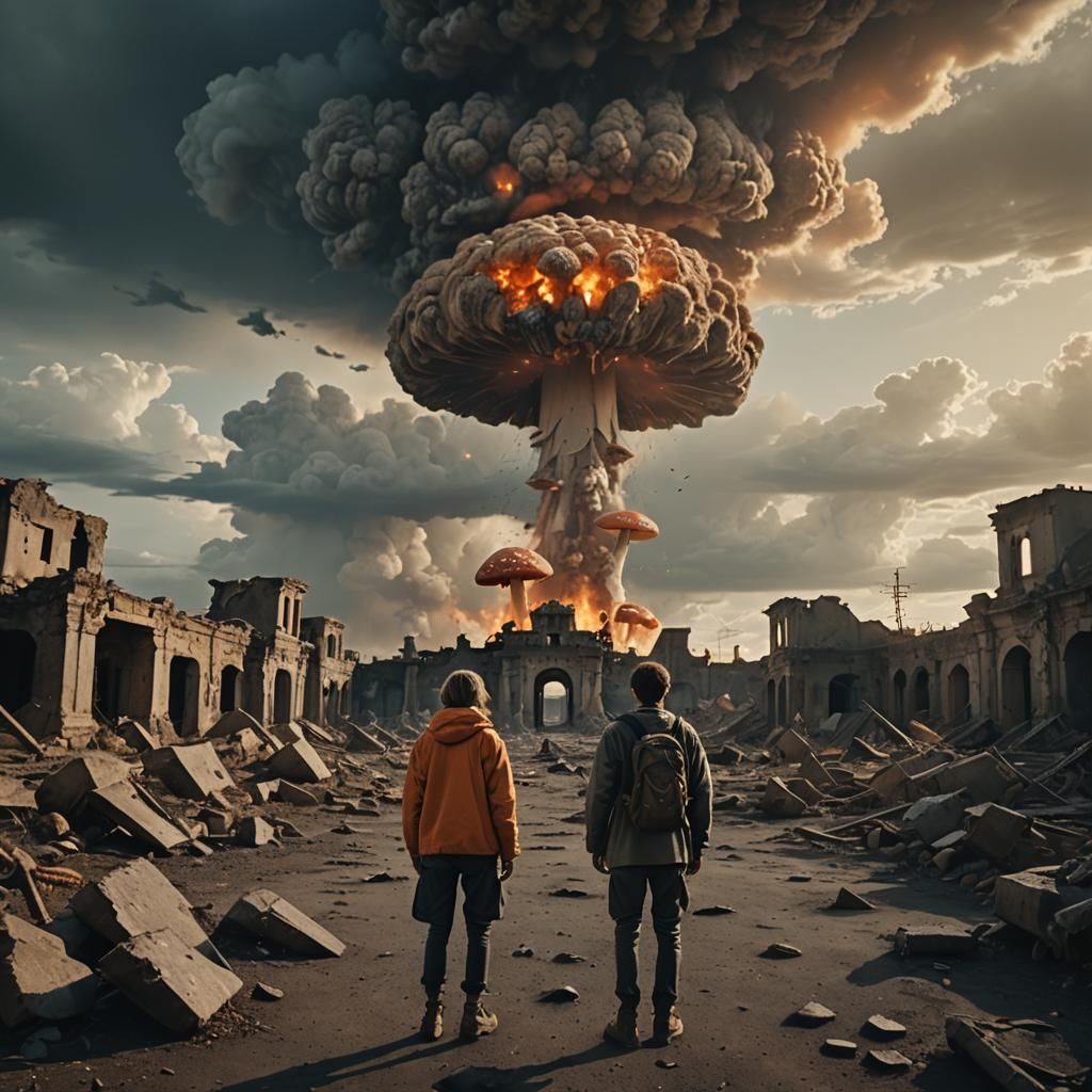 Apocalyptic Landscape with Mushroom Cloud in Cinematic Style