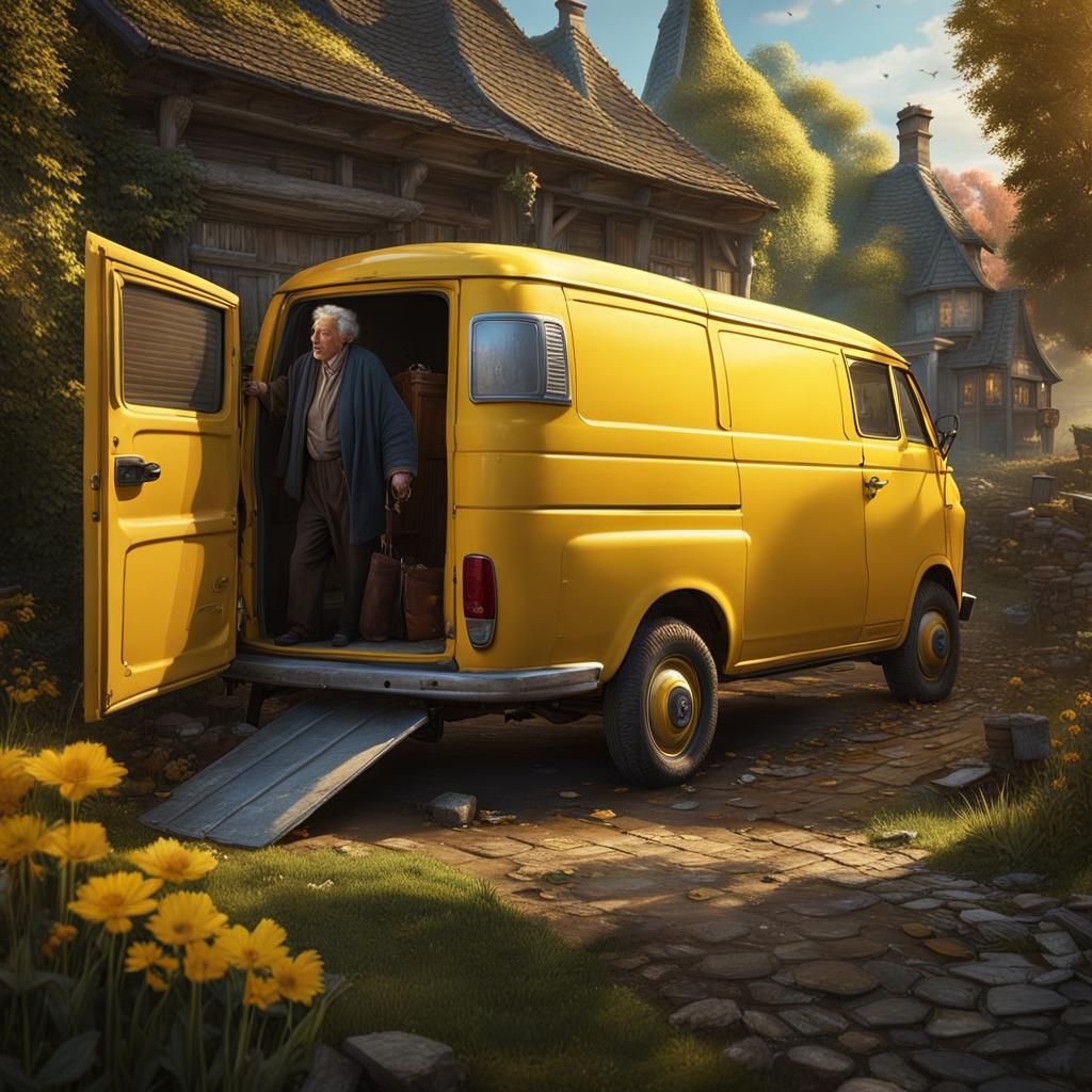 Elderly Woman Meets Men at Driveway: Matte Painting