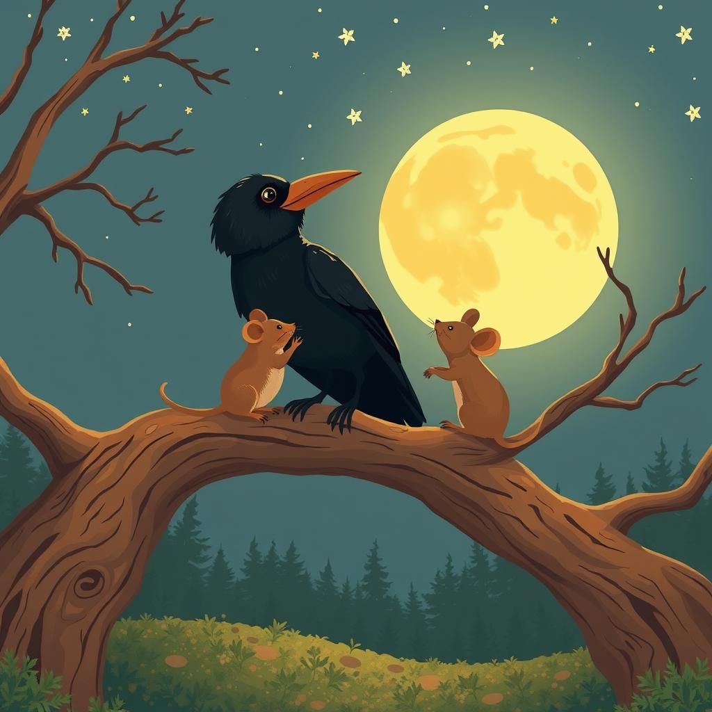 Crow and Mouse Under Moonlight: A Vector Art Story