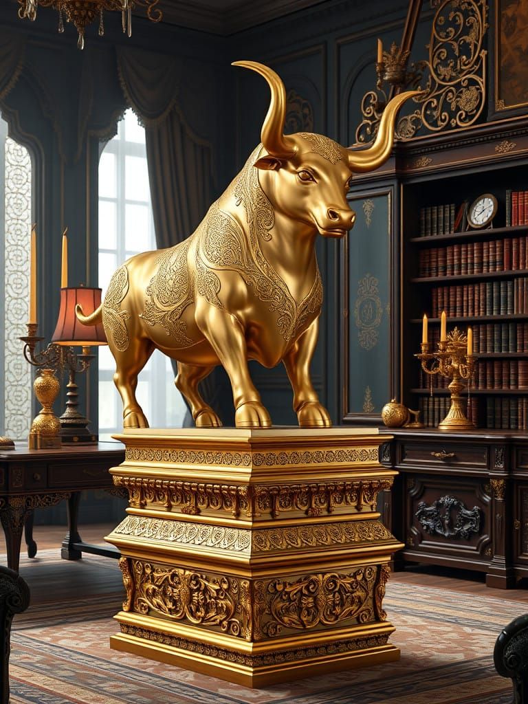 Golden Bull Sculpture in Luxurious Fantasy Setting