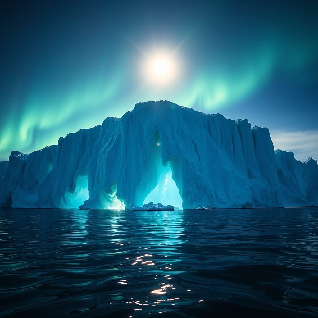 Moonlit Iceberg Under Aurora: Hyperrealistic Detail