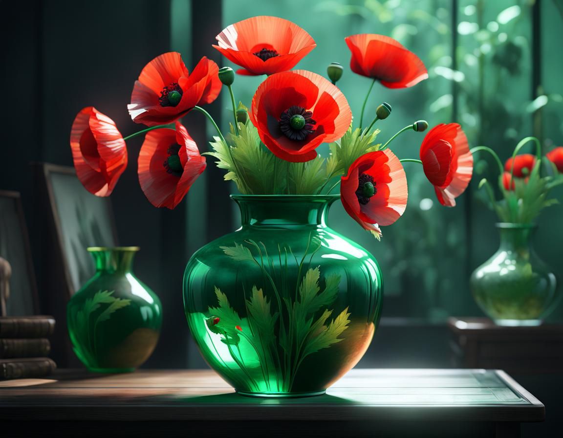 Red Poppies in Green Vase: Chinese Ink Painting