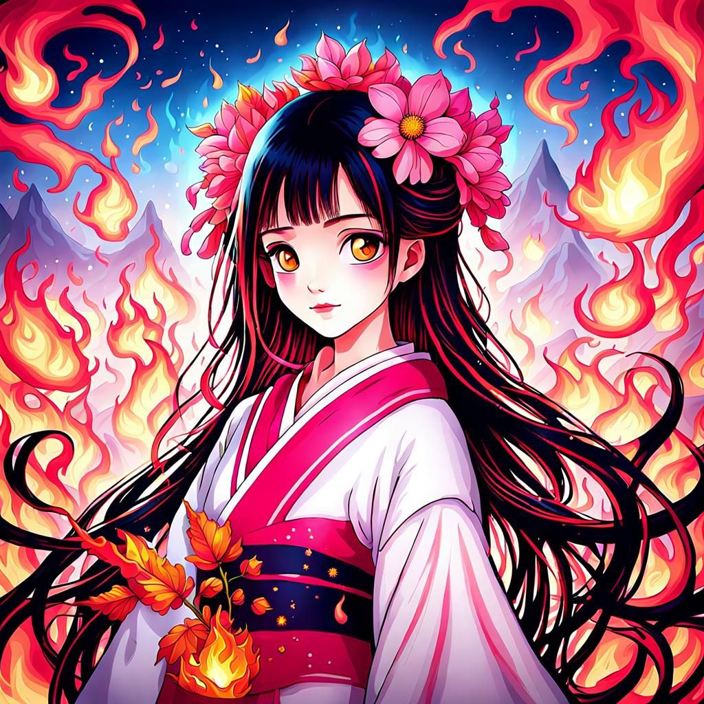 Fantasy Fire Flowers in Hot Pink Sakura Style