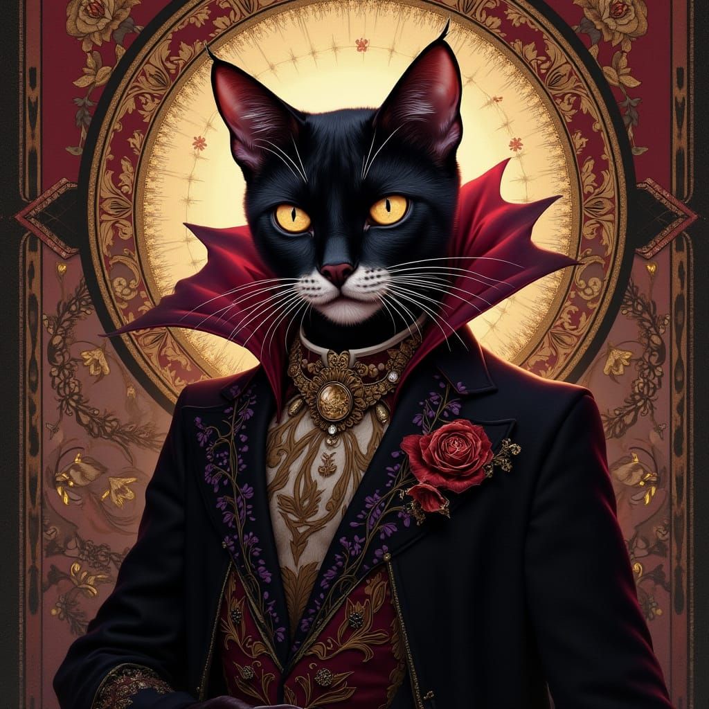 Vampire Cat Portrait in Art Nouveau Style