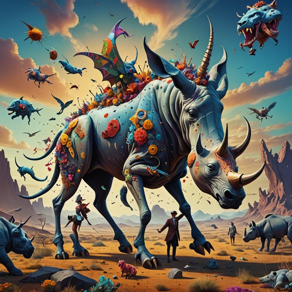 Surreal Rhino-Humanoid in a Trippy Landscape