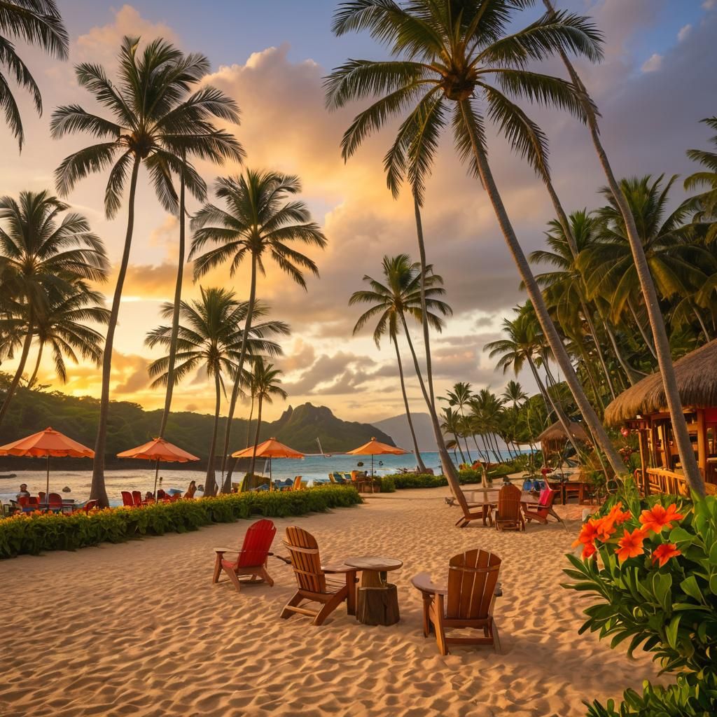 Sunset Paradise with Palm Trees and Moai Statues in a Tropic...