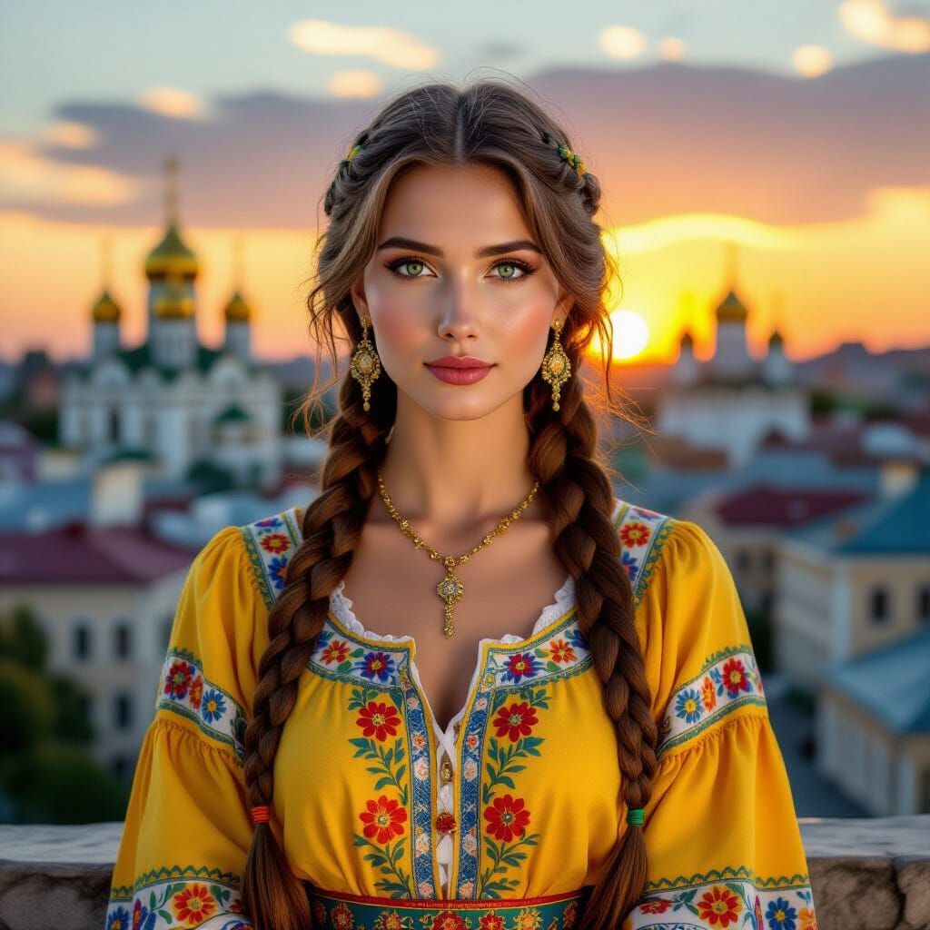 Ukrainian Woman in Traditional Dress with Sunset Cathedral