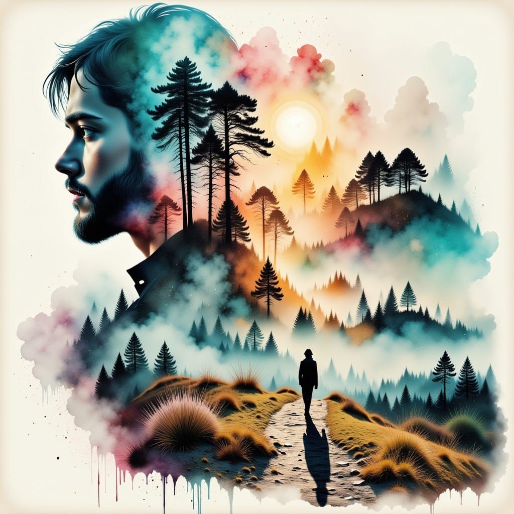 Persistence <lora:Dreamweave Flux:1.0> <lora:The Where 2:1.0> Journey Collage Adventure Dreams Double exposure