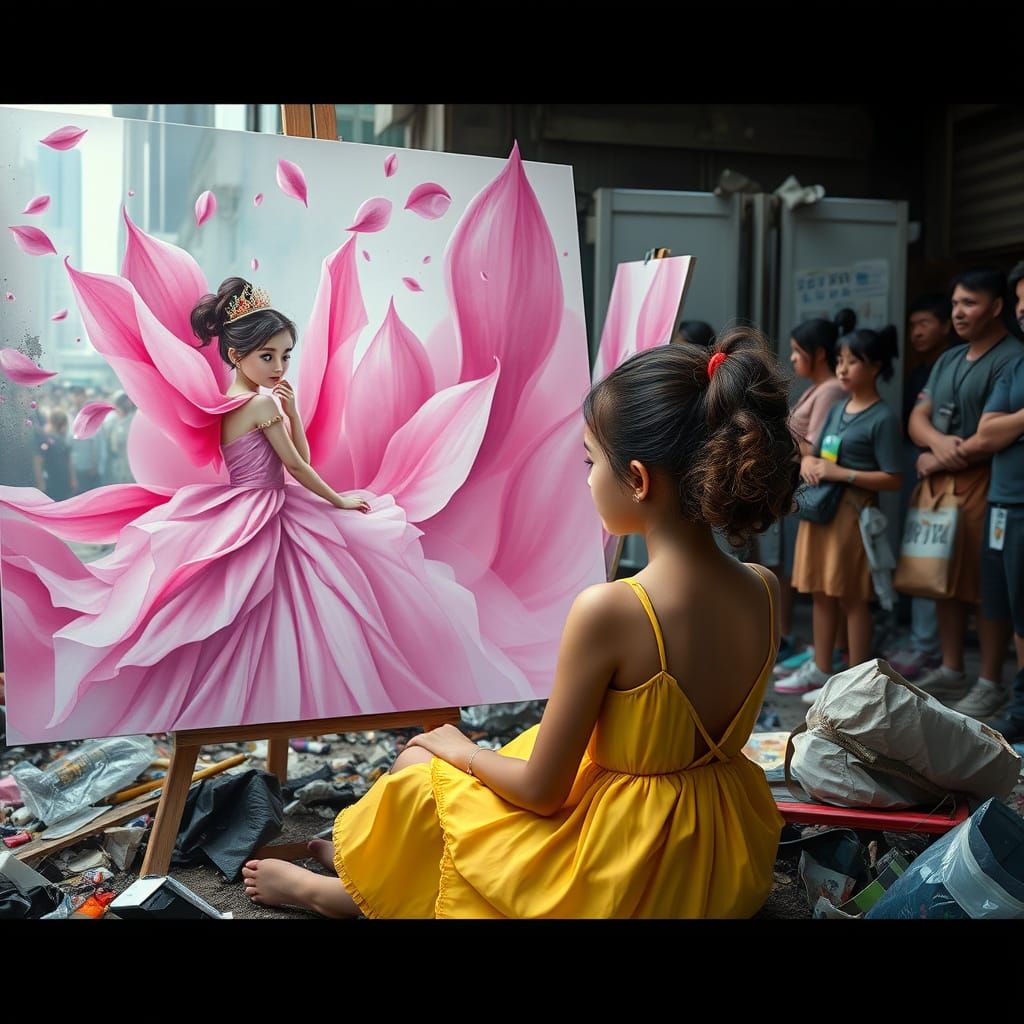 Whimsical Princess Amidst Urban Decay in Vibrant, 8K-Resolut...