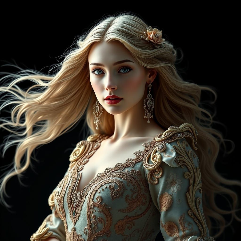 Elegant Lady in Opulent Gown, Art Nouveau Inspiration