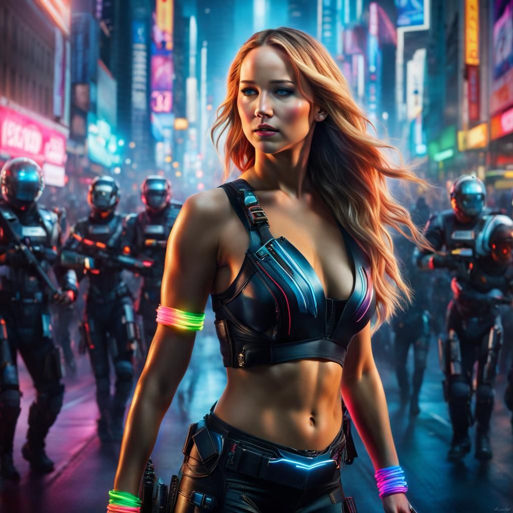 Cyber Neon Jennifer Lawrence Robot Battle