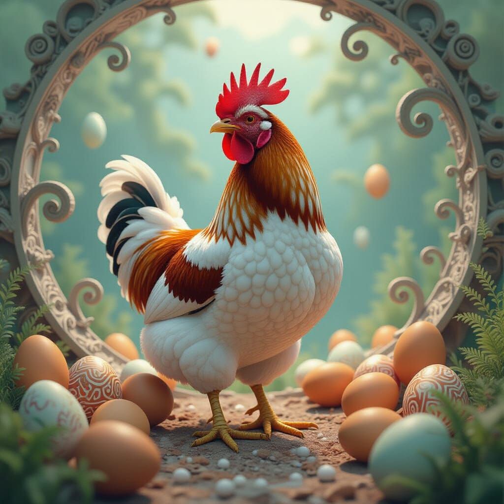 Philosophical Chicken in Surreal Dreamscape