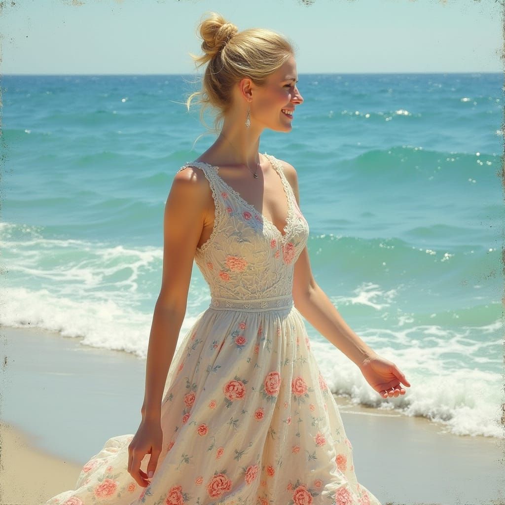 Elegant Woman Walking by Ocean in Impressionistic Style