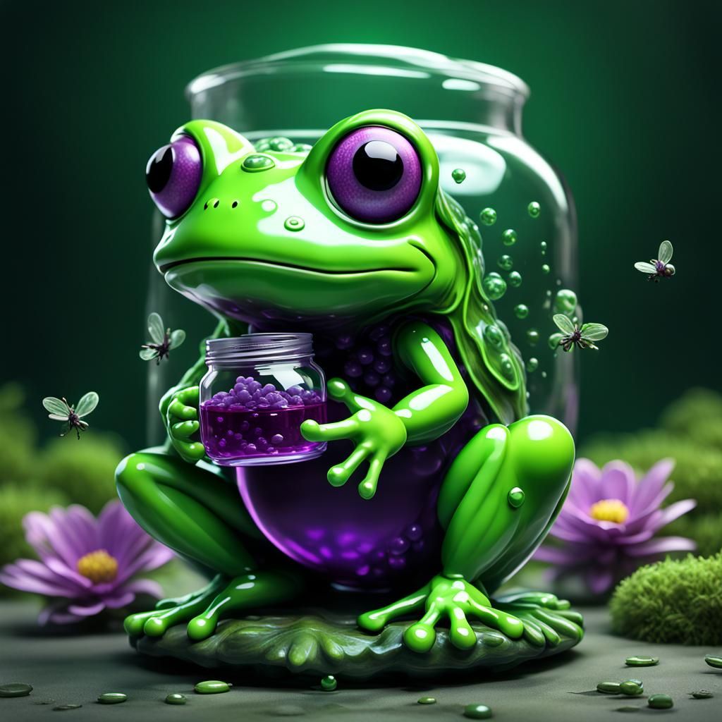 Green Jelly Chibi Frog Sculpture in Dark Comic Style