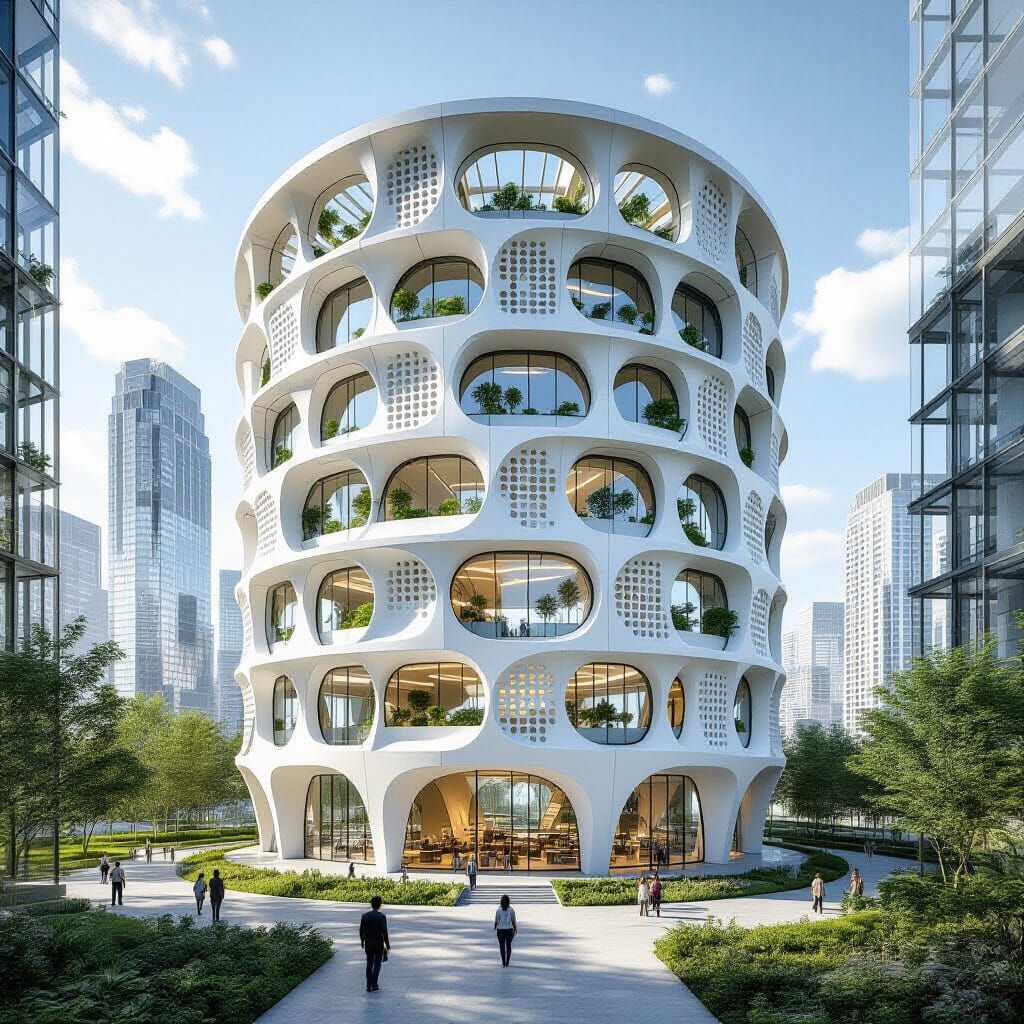 Futuristic Waved Power Station Tower with Greenery