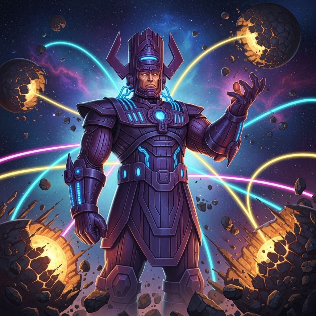 Galactus Amidst Shattered Planets in Sci-Fi Armor