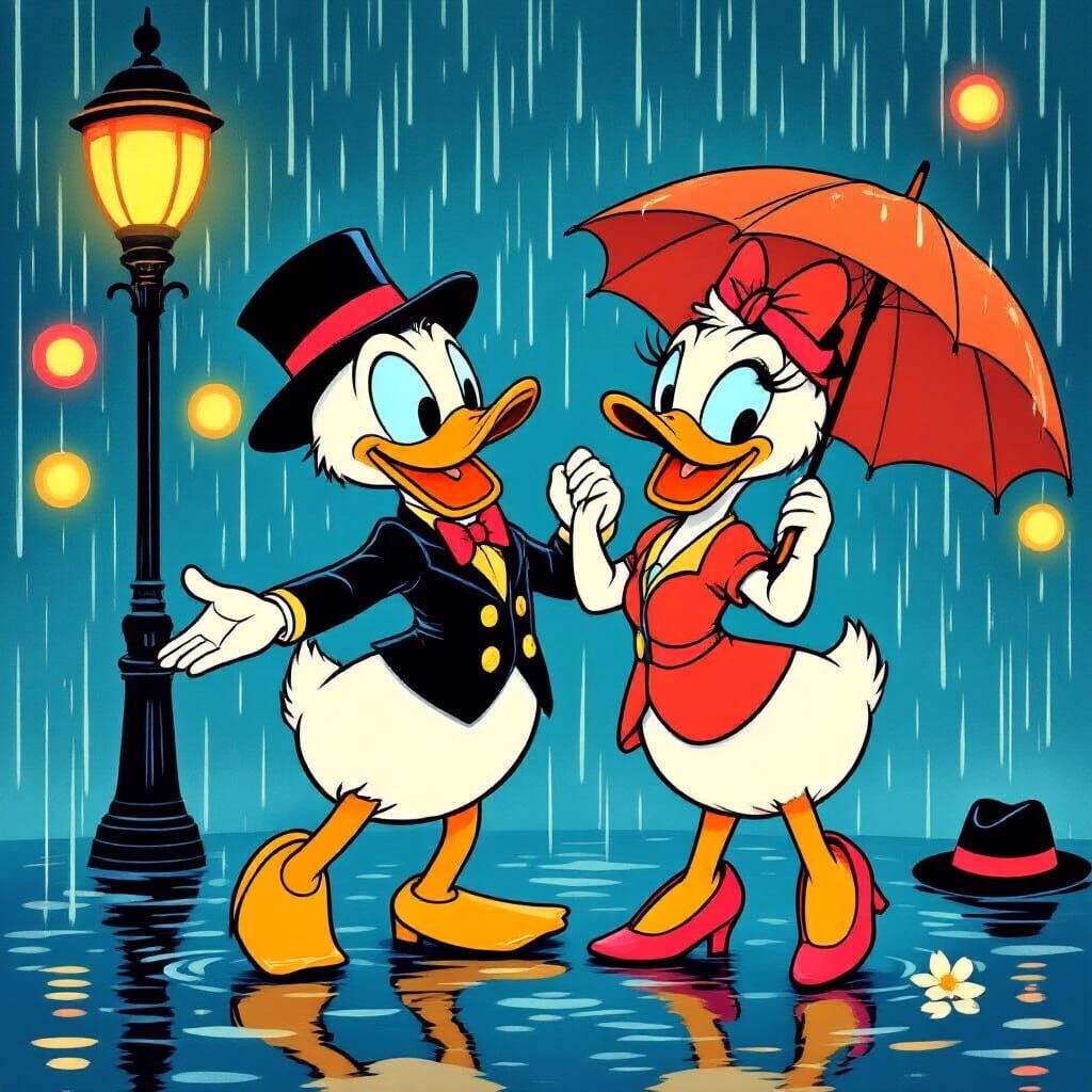 Donald and Daisy Duck Dancing in the Rain Illustration
