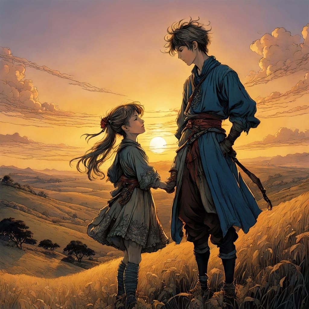 Brother and Sister's Sunset Pledge in Vibrant Anime Style