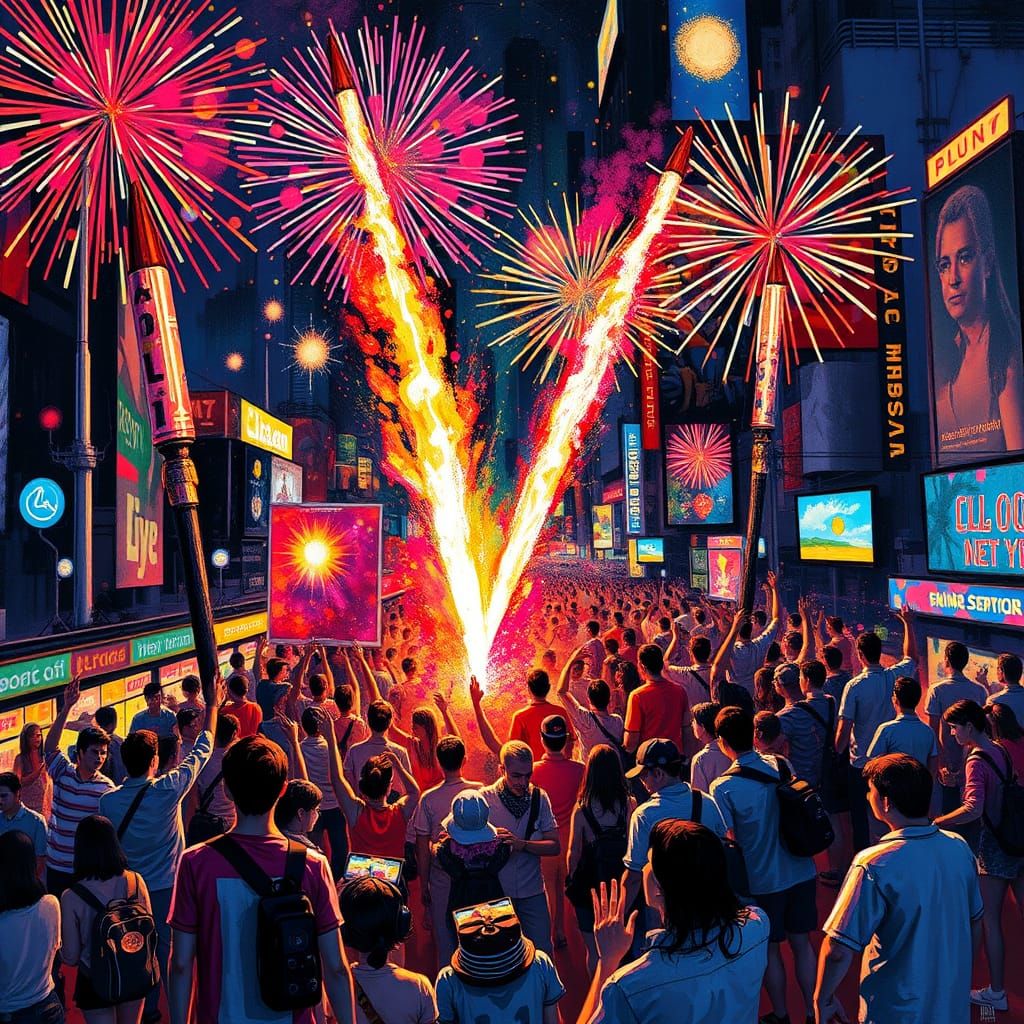 Vibrant Cityscape Celebrates New Year's Eve in Futuristic Ne...