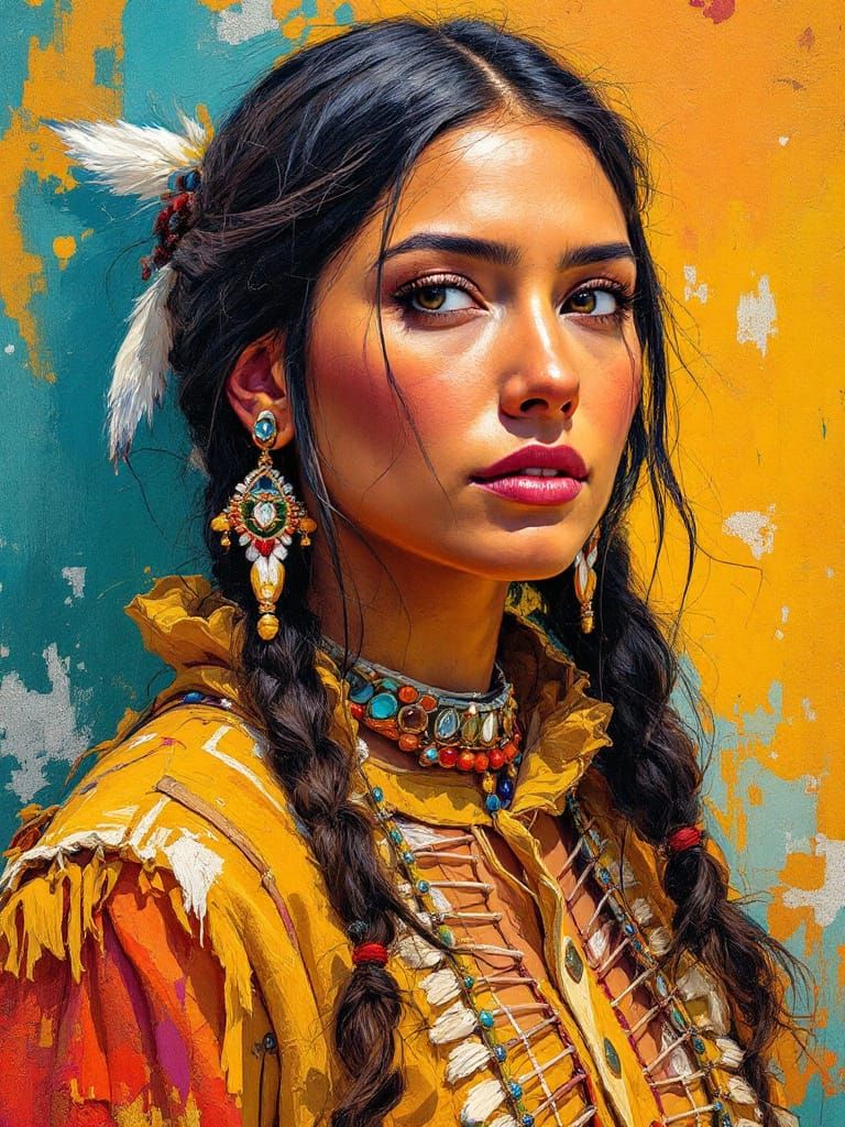 Lakota Sioux Woman in Textured Impasto Style