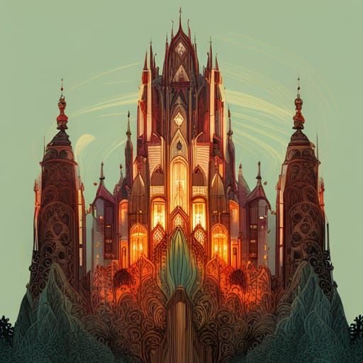 Colorful Gothic Castle with Golden Outlines
