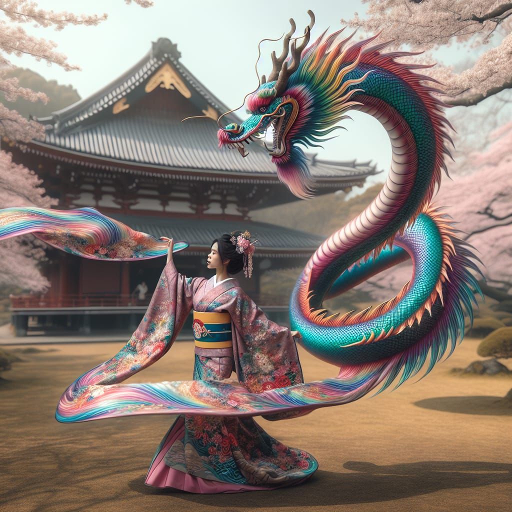 Dancing Woman and Rainbow Dragon in Sakura Garden