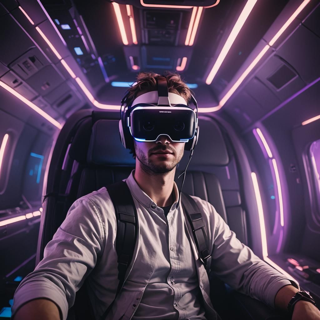 Cyberpunk Plane Passenger Immersed in VR