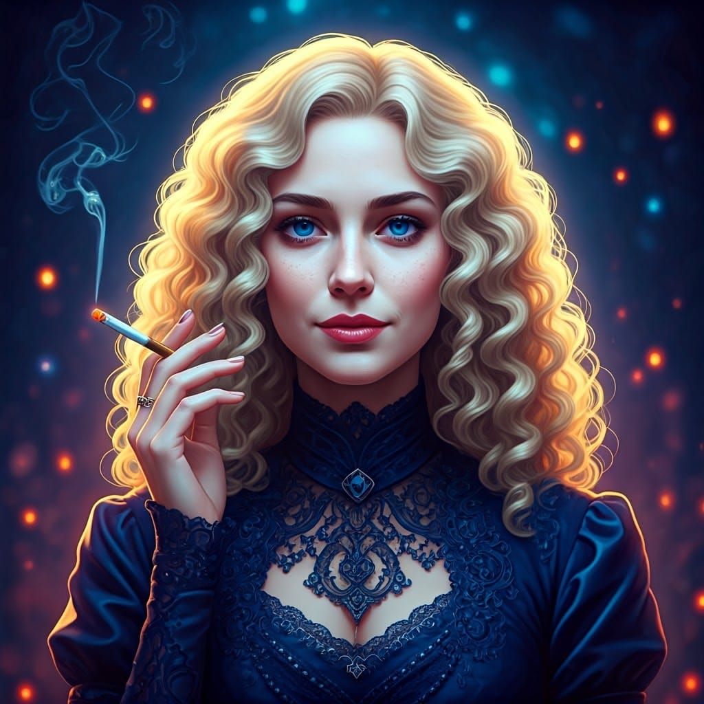 Ethereal Victorian Siren Puffs on Cigarette in Dreamlike Nig...