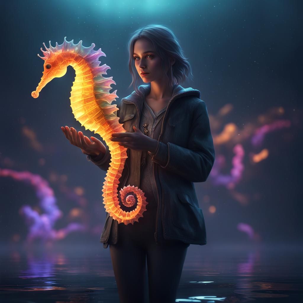 Girl with Glowing Seahorse: Dark Fantasy Concept Art