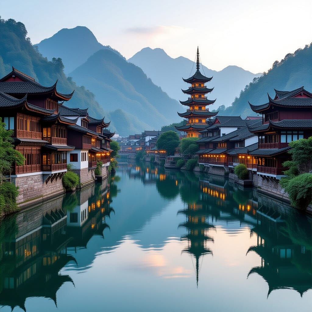 Ancient Riverside Town With Mirror Reflections