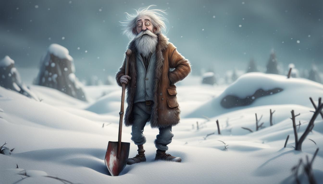 Shaggy Old Man with Shovel in Burton Style