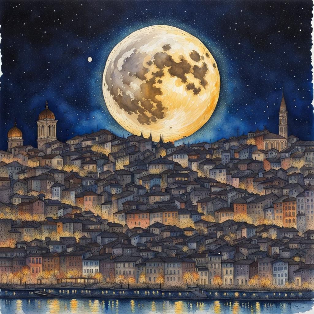 Moonrise Over City Rooftops in Watercolor Impressionism