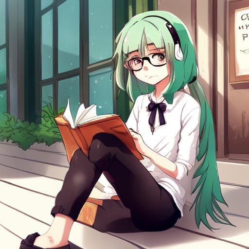 Anime Girl with Green Hair Reading