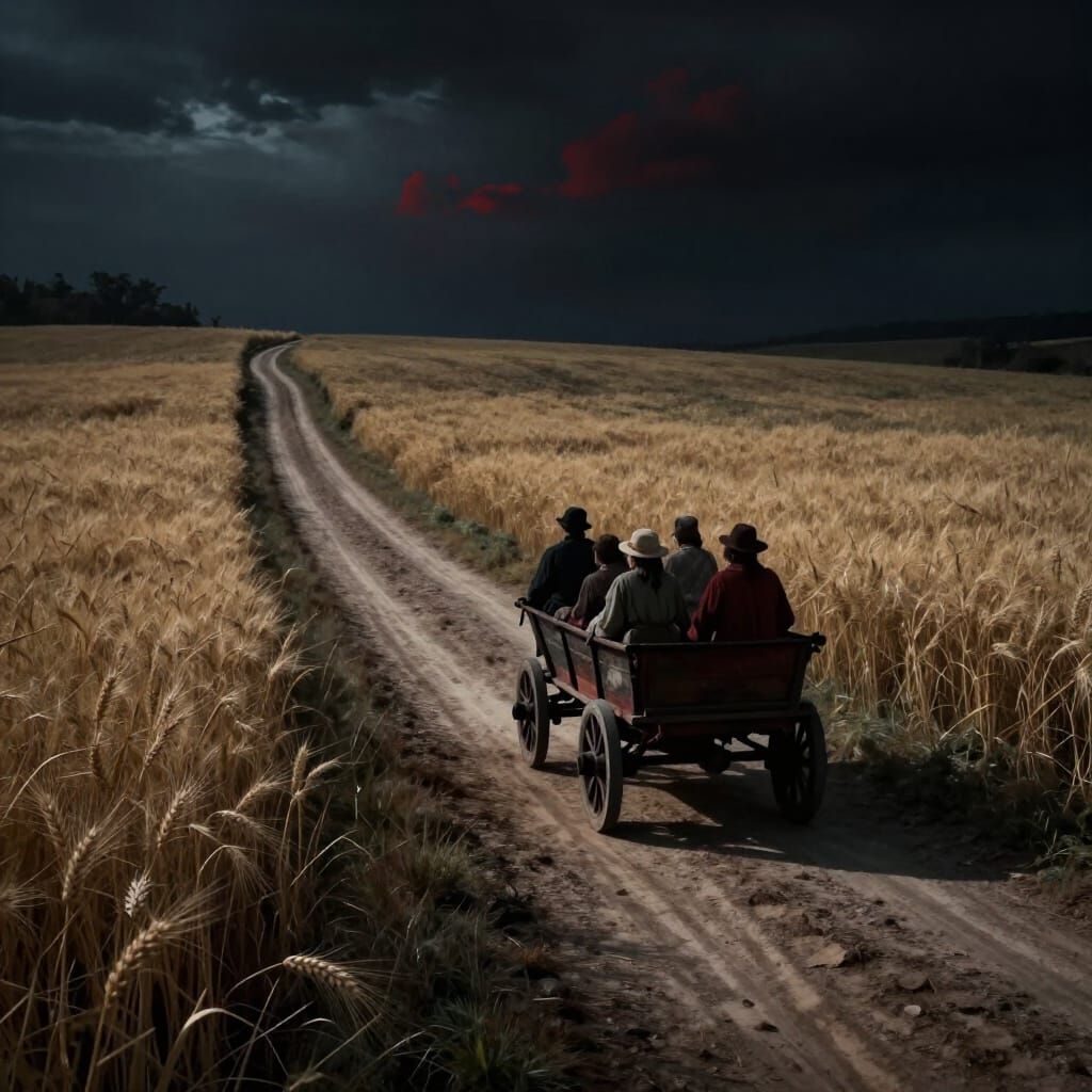 Dark Fantasy Dirt Road with Wheat Fields and Passenger Cart