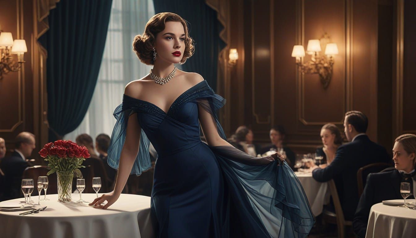 Elegant Woman in 1950s Blue Tulle Dress Walks to Table