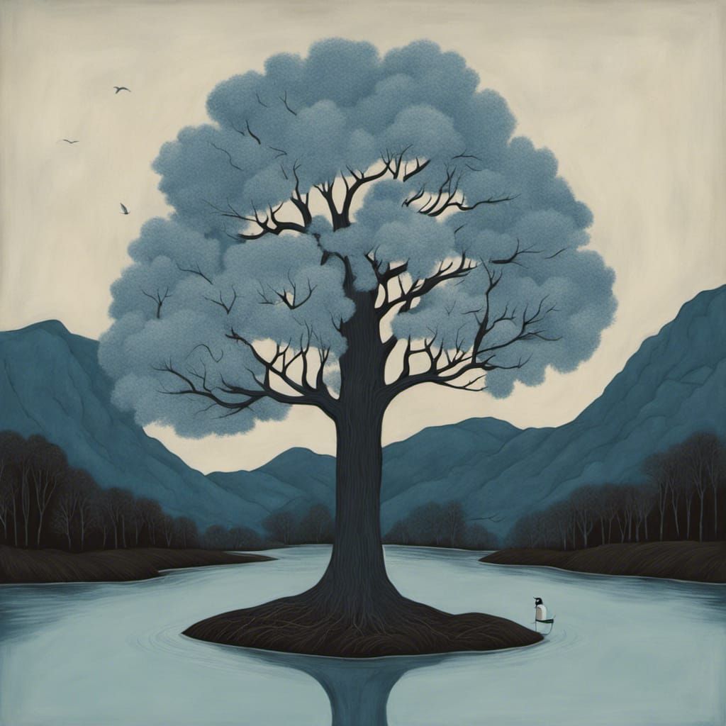 Blue Tree by River, Impressionistic Landscape