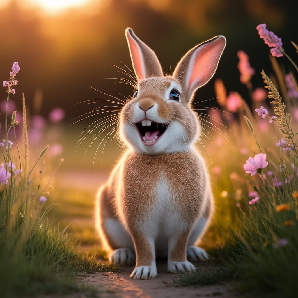 Laughing Rabbit in Golden Meadow at Sunset