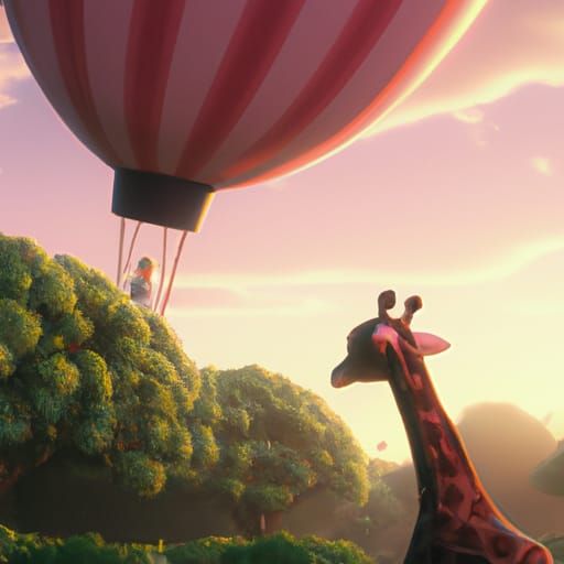 Giraffe with Pink Balloon in Anime Style