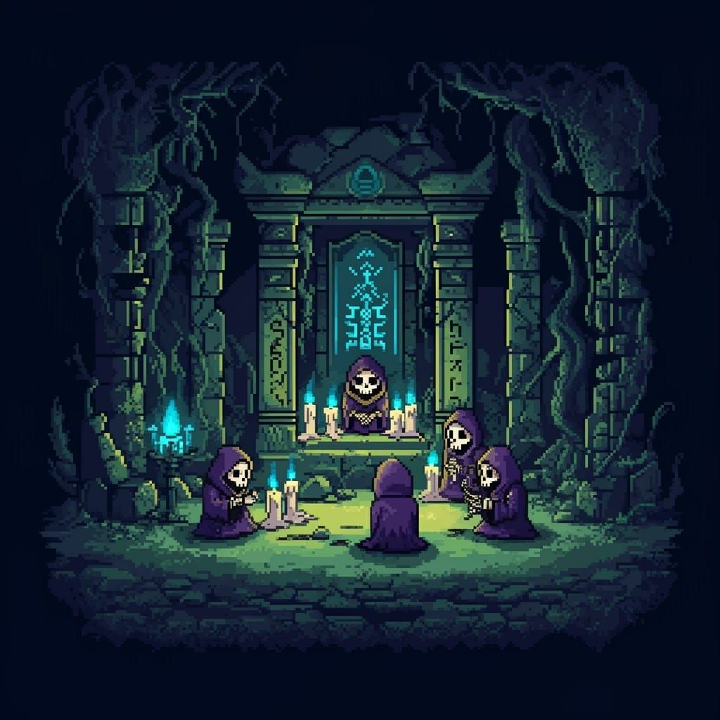 Cartoon Skeletons Perform Ritual in 8-Bit Style
