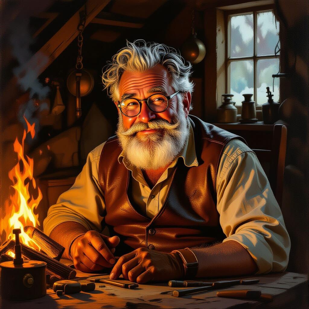 Jolly Man in Leather Vest by Firelight