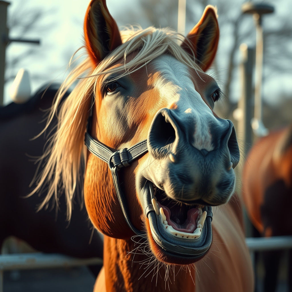 Hyperrealistic Portrait of a Laughing Old Horse