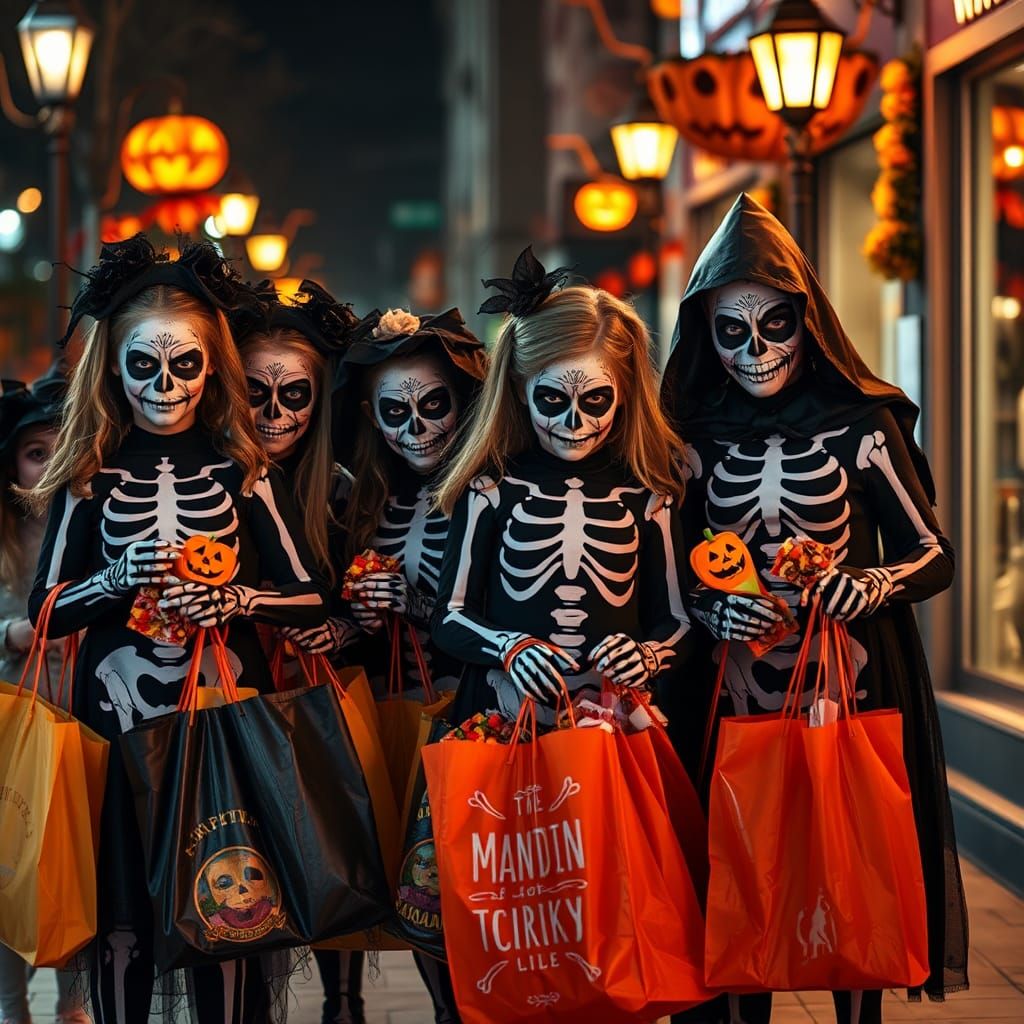 Halloween Skeletons Collect Treats in Photorealistic Style